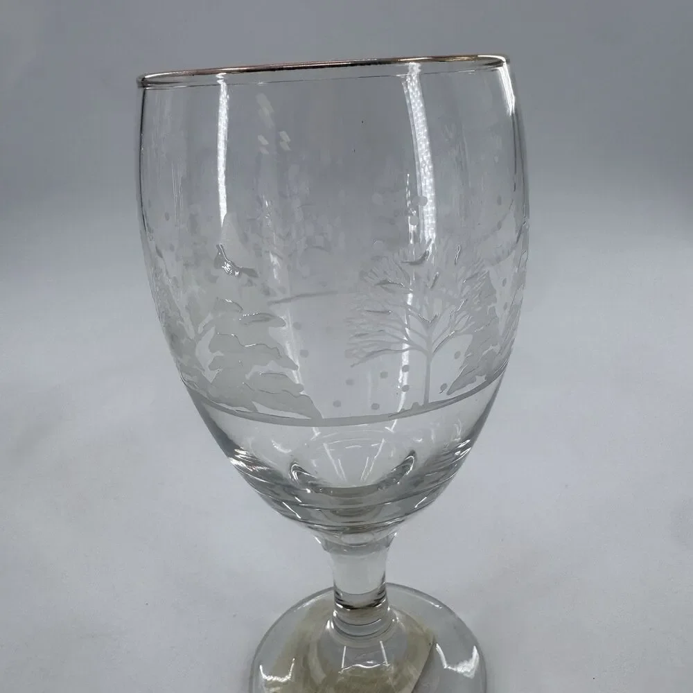 Frosty Pines Libbey Handblown Goblets 7” Winter Wonderland Gold Rim Set of 4 New